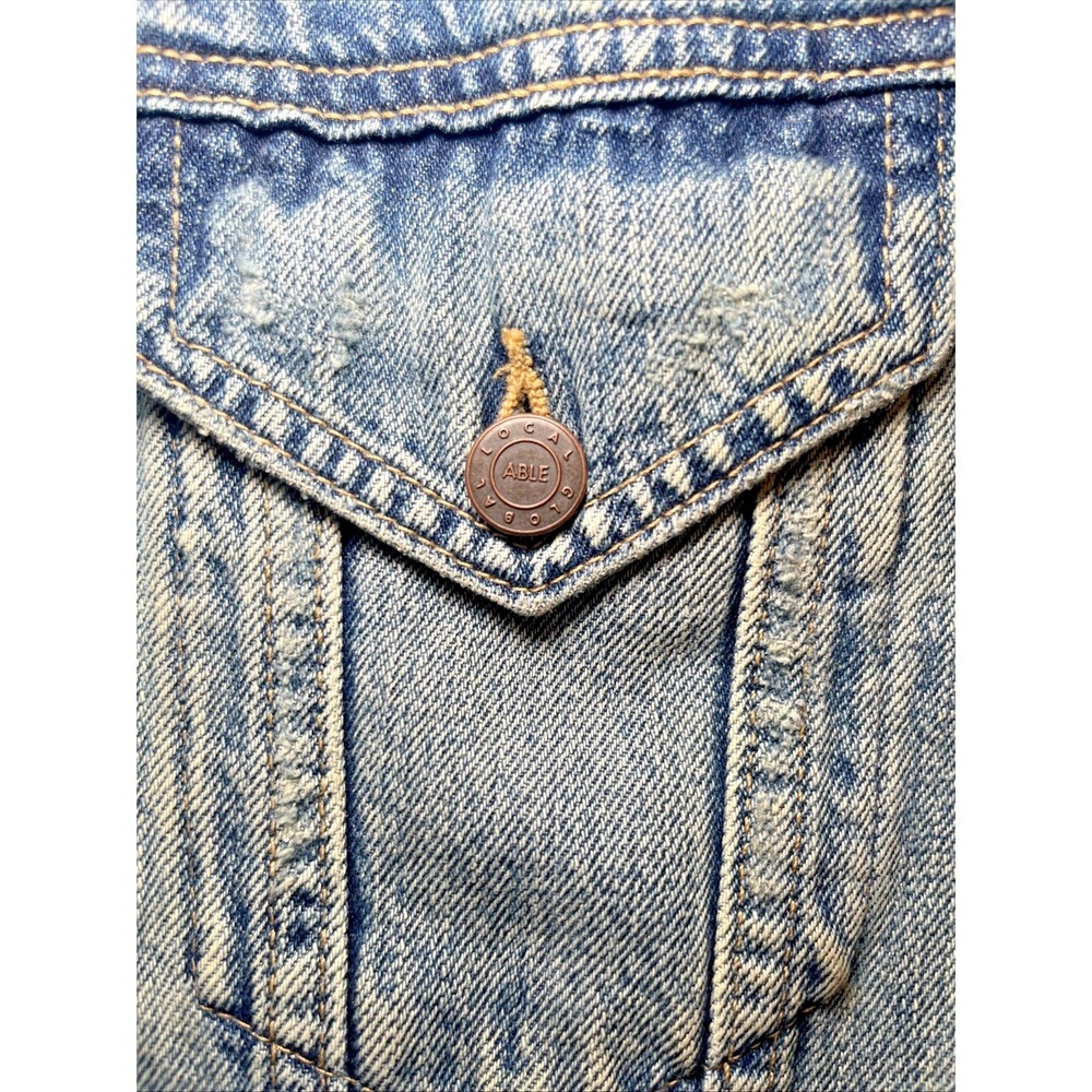 ABLE Distressed Denim Jacket Medium Light Wash Trucker Lyocell Blend - Picture 7 of 13